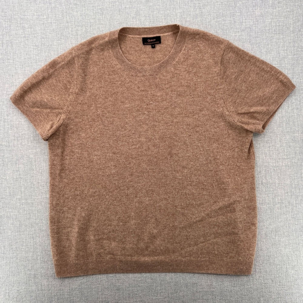 Quince Mongolian Cashmere Tee Sweater Women 1X Oatmeal Short Sleeve Luxe Soft